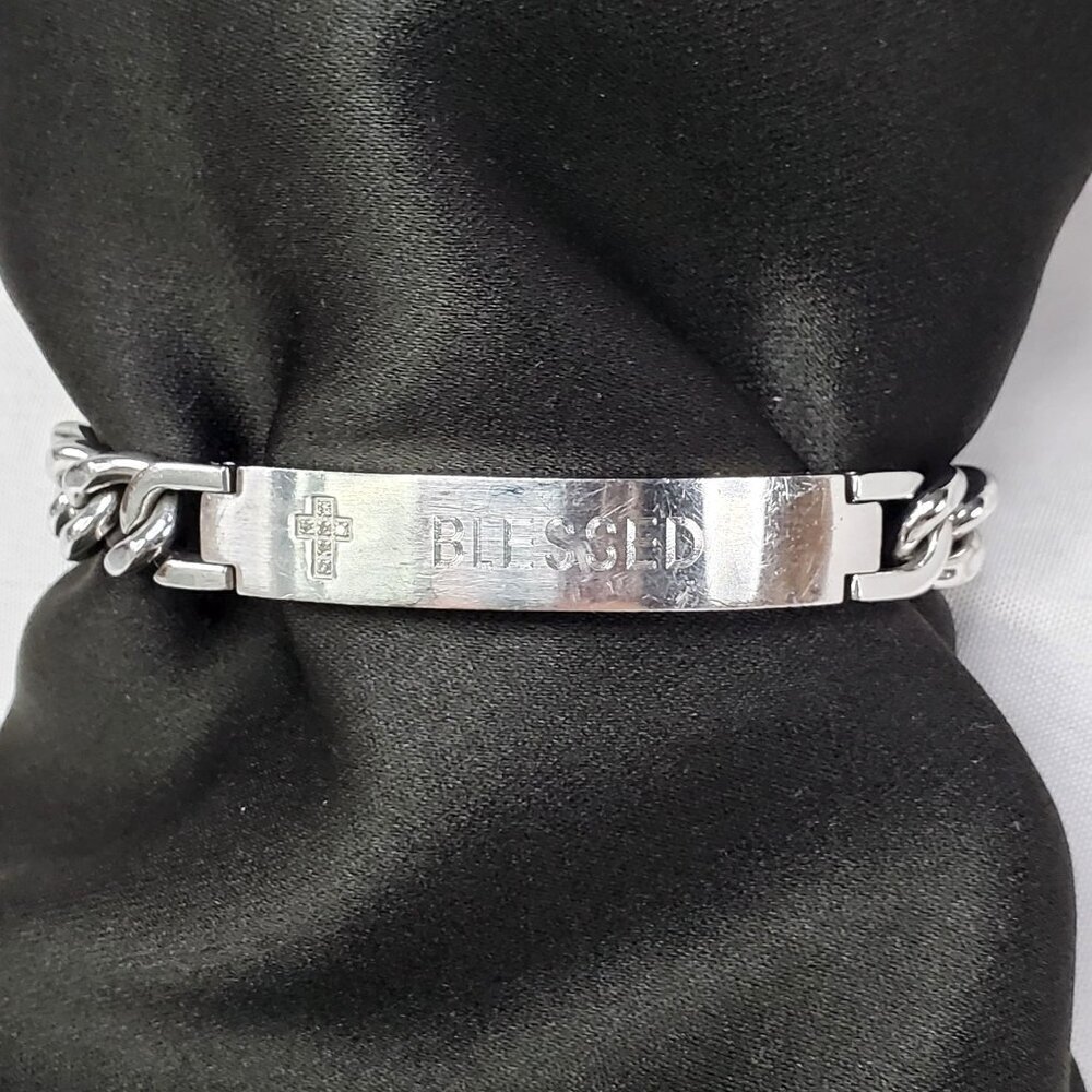 Mens Christian Blessed Cross Bracelet Engraved Stainless Steel Cuban Chain 8.25"